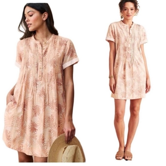 Faherty Linen Gemina Shift Dress Blue Blush Pink Palm Print Short Sleeve Size S - Picture 16 of 16